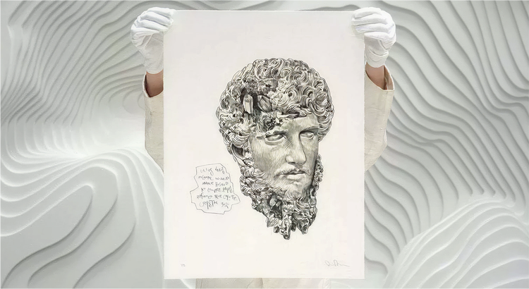 Gloved hands hold surreal classical portrait.